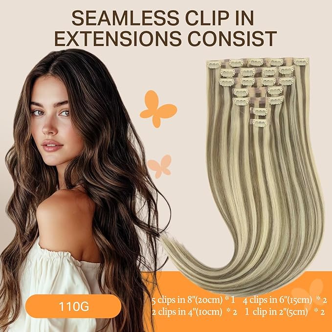 DOORES Human Hair Extensions Clip in, Light Brown Highlighted Medium Blonde 110g 7pcs 22 Inch, Seamless Clip in Hair Extensions Remy Hair Thin Weft Straight Hair Invisi Edge Hair Extensions