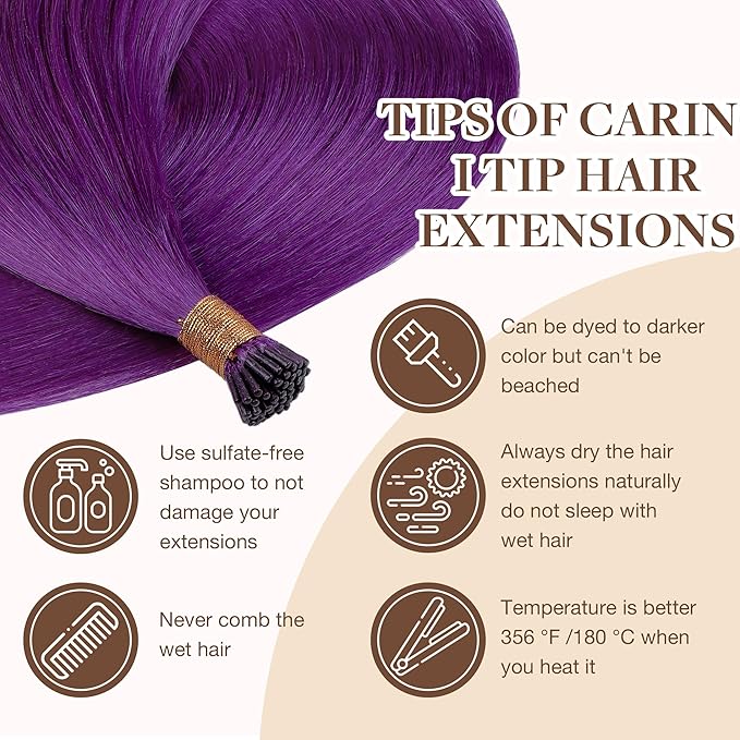 GOO GOO Colored I Tip Hair Extensions, Real Human Hair, 24inch 50g 50S, Cold Fusion I Tip, Invisible Remy, Purple