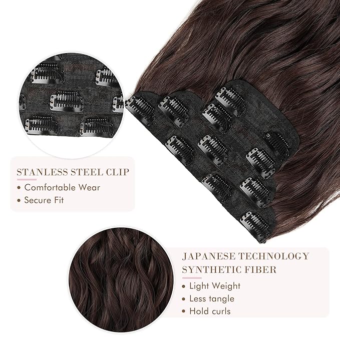 REECHO Hair Extensions, 4PCS Clip in Hair Extensions HE001 Natural Soft Synthetic Hairpieces for Women (20 Inch-200 Gram (Pack of 4), Dark Brown)