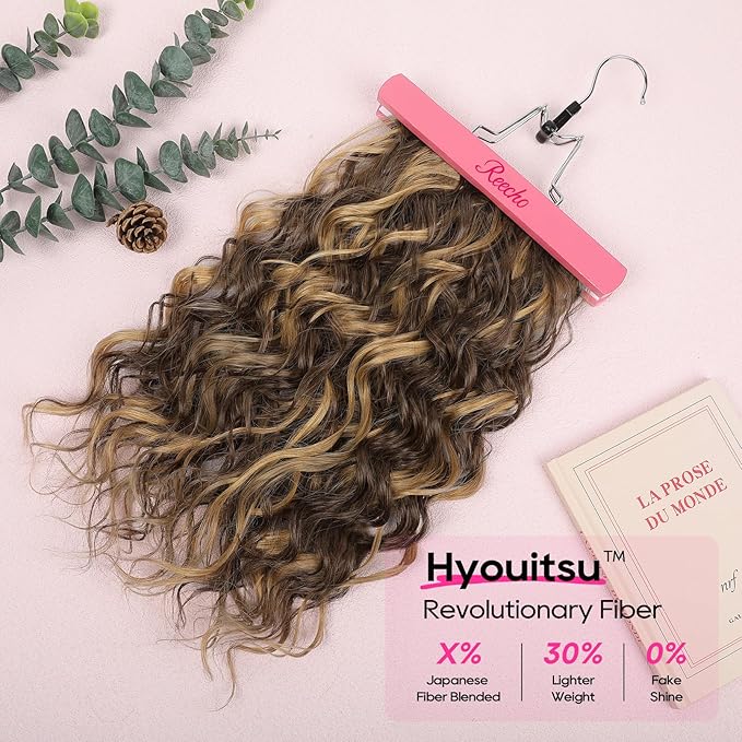 REECHO Curly Hair Extensions, 4PCS 16 inch Clip in Hair Extensions Lace Weft Short Curly Extension Clip Ins Invisible Natural Hairpieces for Women, Dark Brown with Highlights