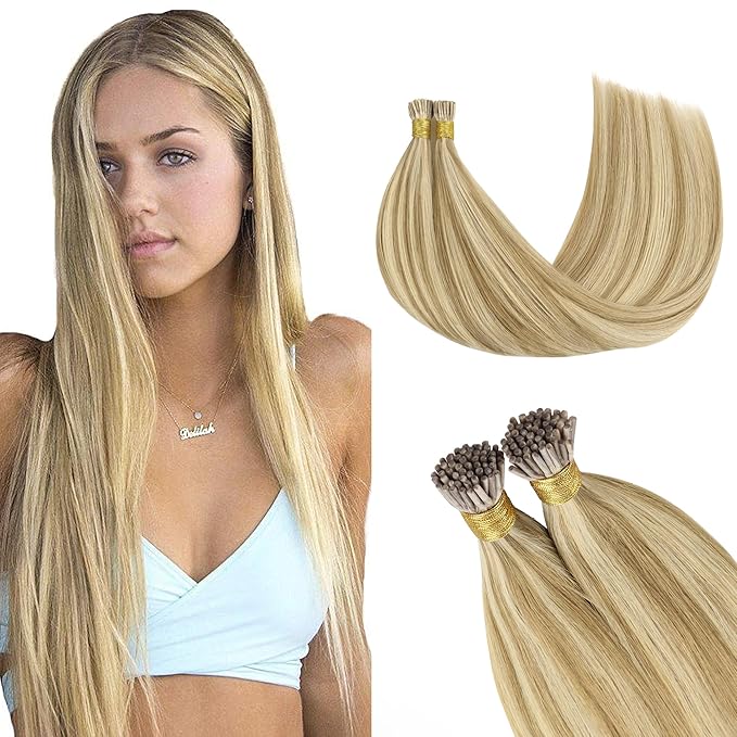 GOO GOO I Tip Hair Extensions, Real Human Hair, 22inch 100g 100S, Cold Fusion I Tip, Invisible Remy, 16/22 Light Blonde Highlighted Golden Blonde
