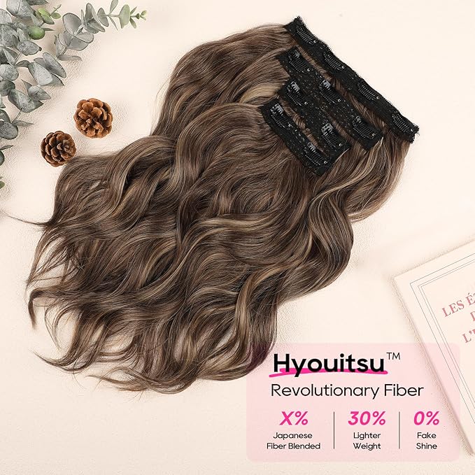 REECHO Clip in Hair Extensions - 14" Short Beach Wavy Hairpieces with Invisible Lace Weft - Natural Soft, Chocolate Brown with Highlights