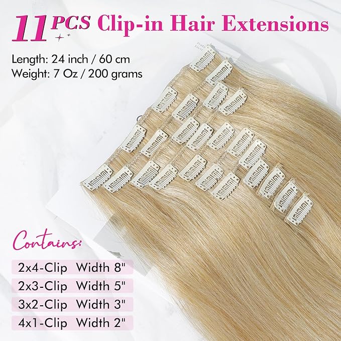 REECHO Hair Extensions, 11PCS Clip in Hair Extensions 24" Long Straight hair extensions HE005 Natural Soft Synthetic Hairpieces for Women – Golden Blonde with Highlights