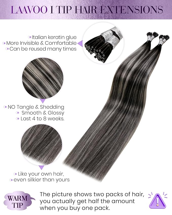 LaaVoo Itip Human Hair Extensions Balayage I Tip Hair Extensions Black Mix Silver Grey Human Hair Itips Hair Extensions Human Hair 20 Inch 50g 50s