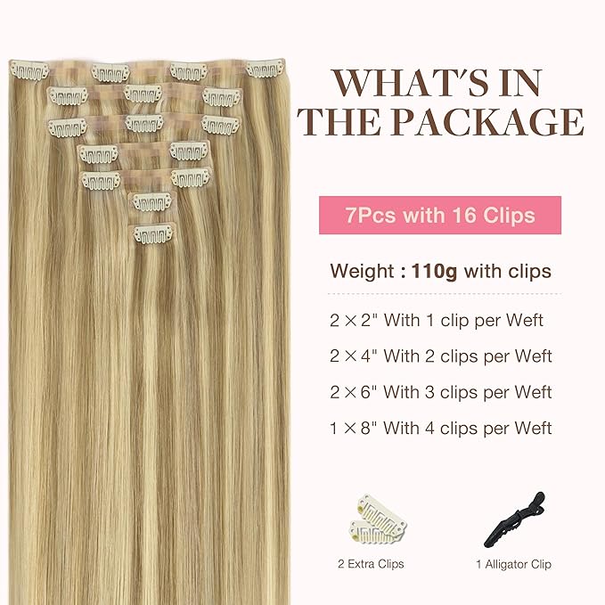 GOO GOO Clip in Hair Extensions Real Human Hair, Remy Human Hair Extensions Clip ins for Women, Natural Human Hair, 24inch 120g 7Pcs, 16/22 Light Blonde Highlighted Golden Blonde