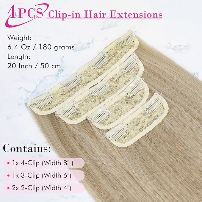 REECHO 20" Straight Long 4 PCS Set Thick Clip in on Hair Extensions Dark Ash Blonde