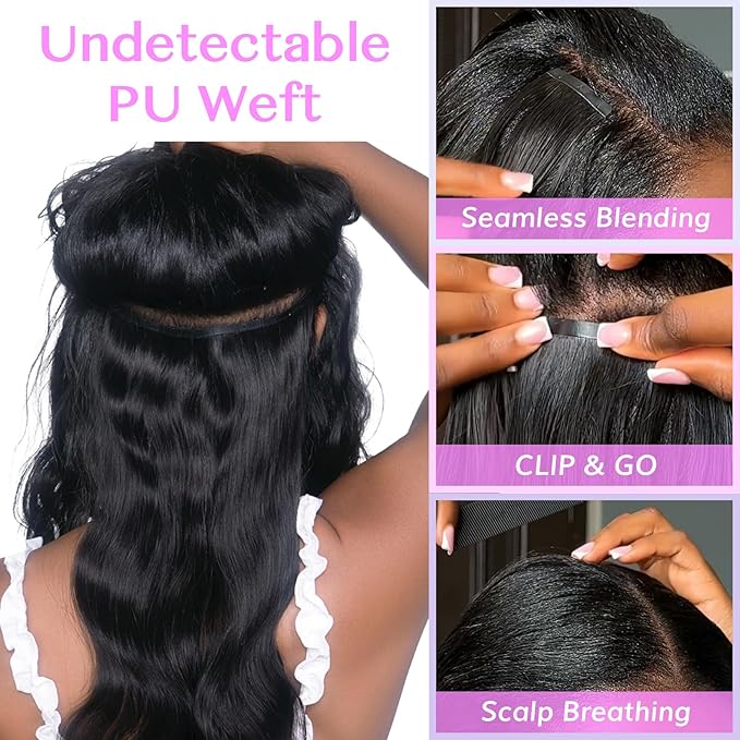 IDN BEAUTY Seamless Clip In Hair Extensions Human Hair, Body Wave 24 Inch 110g 7pcs Natural Black Real Virgin Human Hair Seamless Clip Ins For Black Women PU Weft Invisible Edge