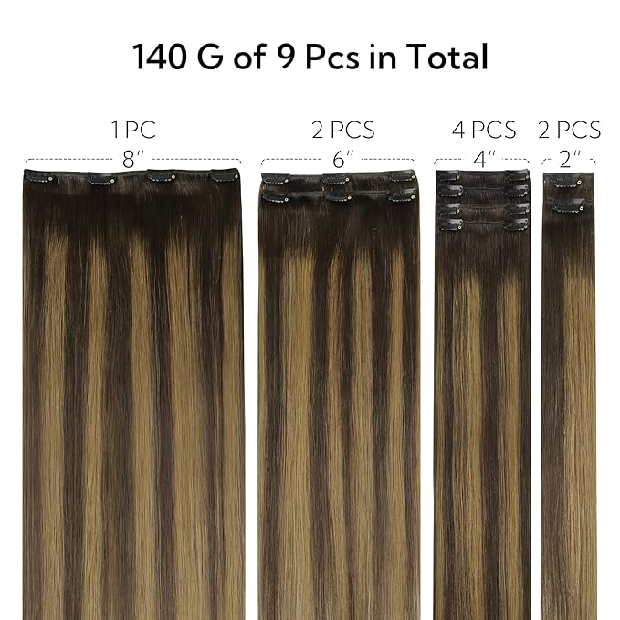 HOTBANANA Clip in Hair Extensions Real Human Hair, 135g 9pcs 14 inch Dark Brown to Chestnut Brown Straight Remy Clip in Extensions Full Head for Women