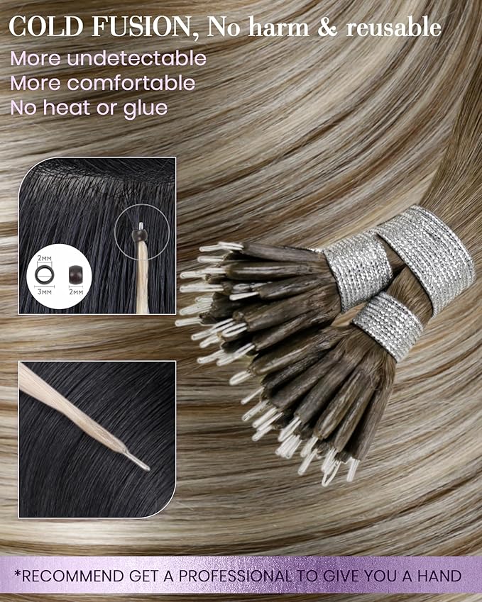 LaaVoo Nano Bead Hair Extensions Medium Brown Balayage Blonde Nano Hair Extensions Real Human Hair 24 in 50g 50s