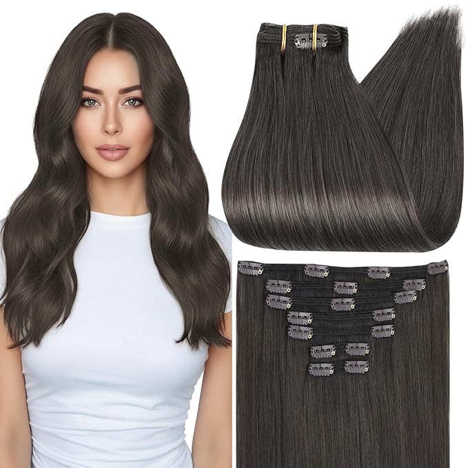 Full Shine Clip in Extensions Black Real Hair Extensions Clip in Human Hair for Thinning Hair Natural Black Tea 16 Inch 120 G 7 Pcs