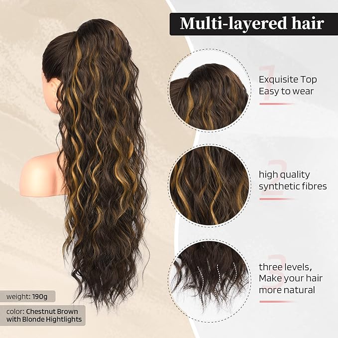 FLUFYMOOZ Ponytail Extension, 26 Inch Drawstring Ponytail Hair Extensions for Women， Long Curly Wavy Ponytail Natural Synthetic Hairpiece for Women (26" Chestnut Brown with Highlights)