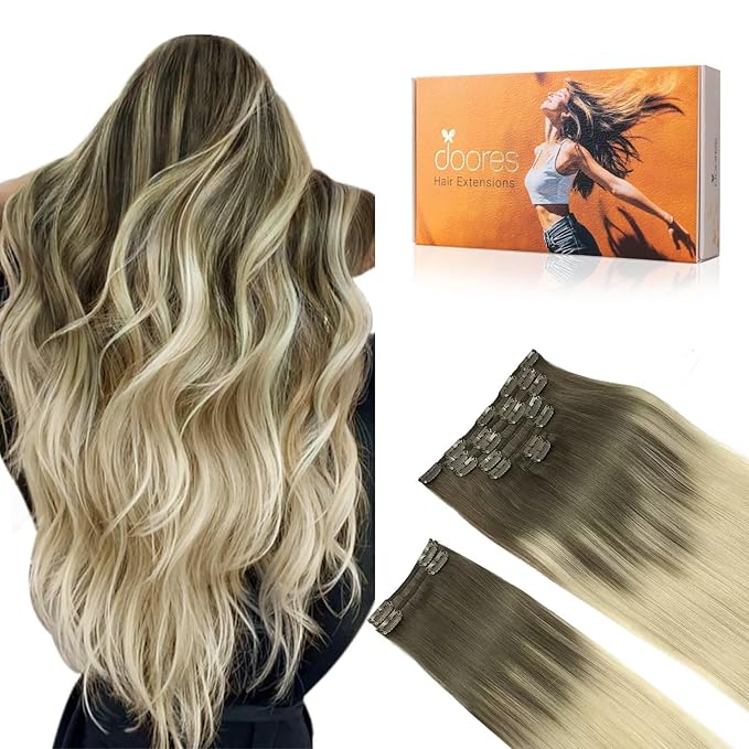 DOORES Human Hair Extensions Clip in, Ash Brown to Platinum Blonde 150g 9pcs 14 Inch, Remy Straight Thick Natural Hair