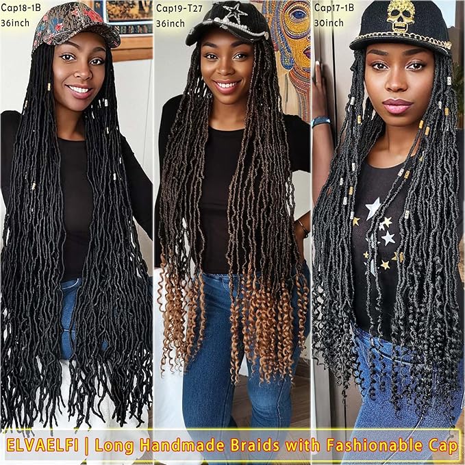 36" Nu Locs Crochet Hair Curly Ends Gradient Brown, Pearl Baseball Cap Wigs for Women Girls Easy Styling