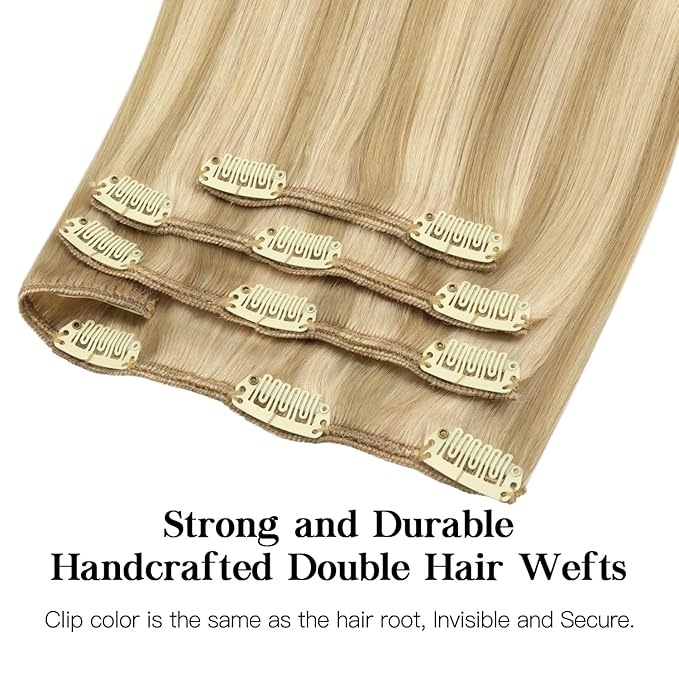 HOTBANANA Clip in Human Hair Extensions, Drity Blonde Highlight Golden Blonde 120g 22 Inch 7pcs, Clip in Hair Extensions Remy Human Natural Straight