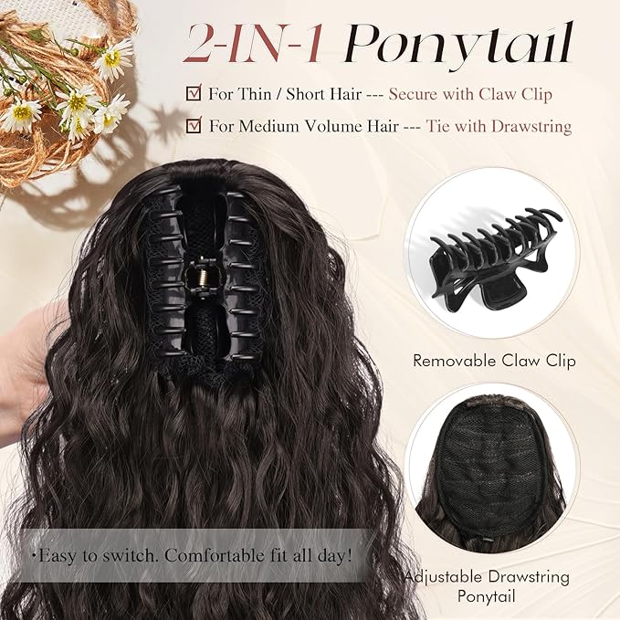 SOFEIYAN Ponytail Extension, 16 inch Claw Clip Ponytail Extension Wavy Curly Ponytails Synthetic Pony Tails Hair Extensions Natural Fake Hairpiece for Women - Black Mix Burgundy Ombre