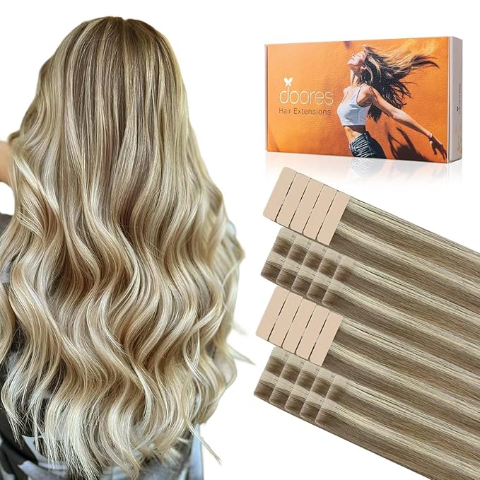 DOORES Invisi Edge Tape in Hair Extensions Real Human Hair, Light Brown Highlighted Medium Blonde 10 Injection Tapeins with 10 Classic Tapeins 50g 14 Inch, Injection Tape in