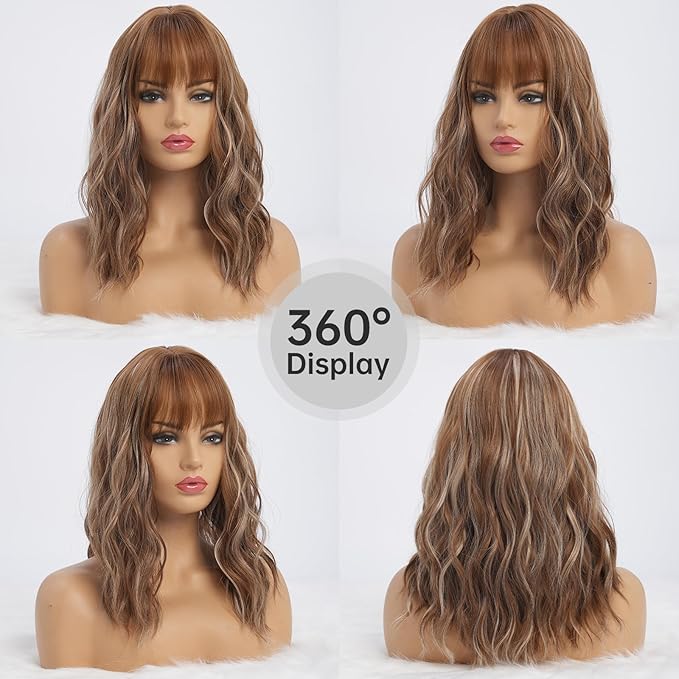 Light Brown Wigs with Highlights for Women Synthetic 16 inch Medium Length Wigs with Bangs Natural Long Wavy Fringe wig Heat Resistant Hair for Daily Party Use (16 inch)