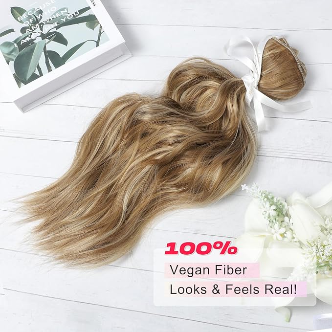 Hair Extensions, 14" Short Clip in Hair Extensions 4PCS Beach Wave Blonde Natural Soft Synthetic Hairpiece for Women - Light Brown with Highlights