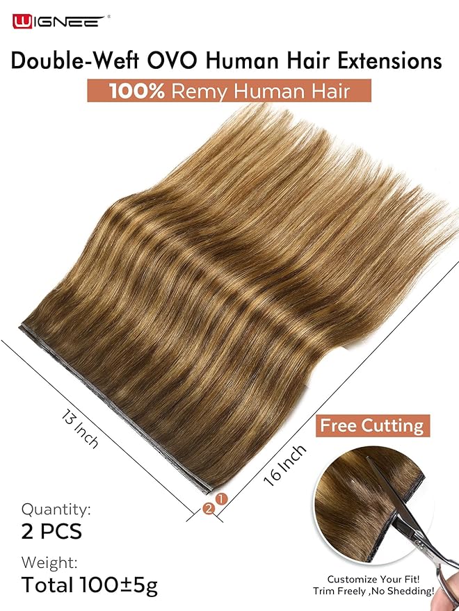 WIGNEE 100% Remy Double Weft Invisible PU OVO Human Hair Extensions 16 Inch Micro Beads Real Human Hair Extensions T4/27 Highlight Honey Blonde Hair Extensions Real Human Hair