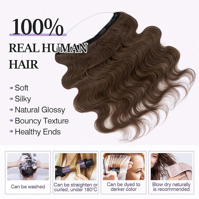 Halo Hair Extensions Real Human Hair,Halo Hair Extension 100% Human Hair,Wire Hair Extensions,Wavy Natural Brown 20inch/70g