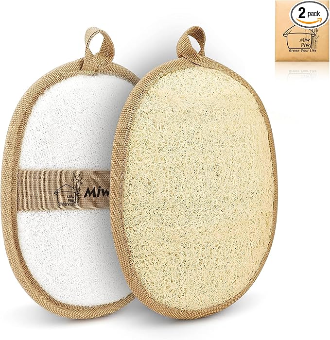 Natural Loofah Exfoliating Body Scrubber (Pack 2- Size L), Loofah Bath Sponge, Luffa for Women and Men, 100% Biodegradable Compostable, Dye Free, Zero Waste Eco Friendly Sustainable (4.7" x 6.3" each)