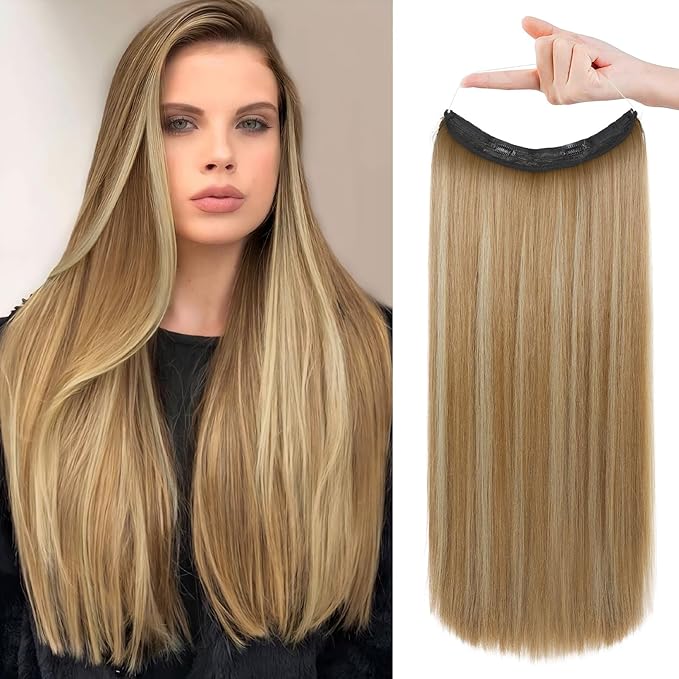 REECHO Invisible Wire Hair Extensions with Transparent Headband Adjustable Size Removable Secure Clips in Straight Secret Hairpiece for Women - 24 Inch, Light Brown with Highlights