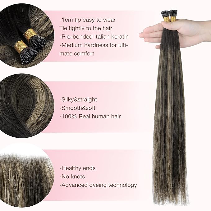 GOO GOO I Tip Hair Extensions, Real Human Hair, 16inch 100g 200S, Cold Fusion I Tip, Invisible Remy, 1B/19/1B Natural Black to Light Blonde