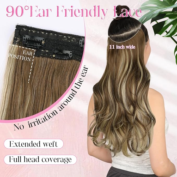 Invisible Wire Hair Extensions with Transparent Wire Adjustable Size 4 Secure Clips Long Wavy Secret Hairpiece 20 Inch for Women(Light Brown with Caramel Blonde)