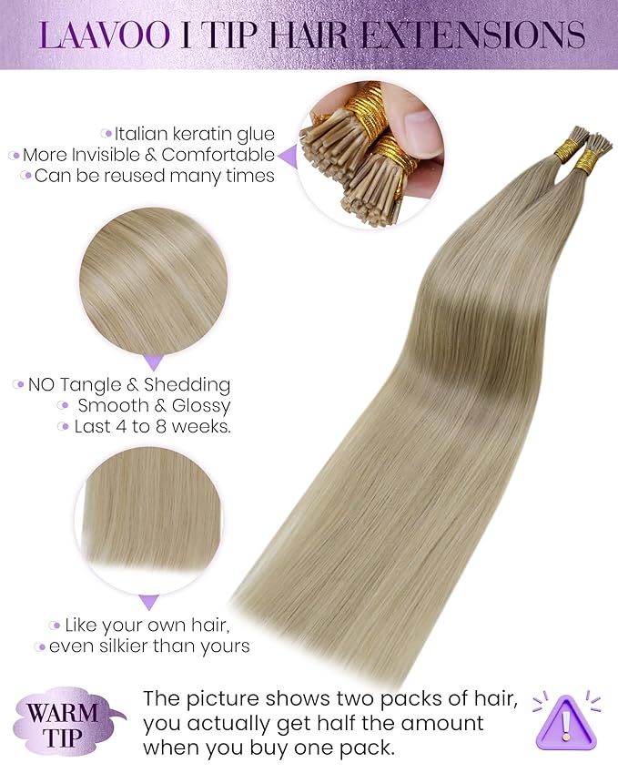 LaaVoo I Tip Hair Extensions Human Hair Light Blonde Highlights Golden Blonde Itip Human Hair Extensions 60s 16in 50g