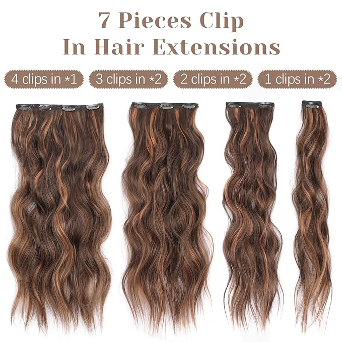 KooKaStyle Hair Extensions, 7PCS Clip in Hair Extension, 20 Inch Auburn Mix Chestnut Long Wavy Natural Soft Thick Hairpieces for Women