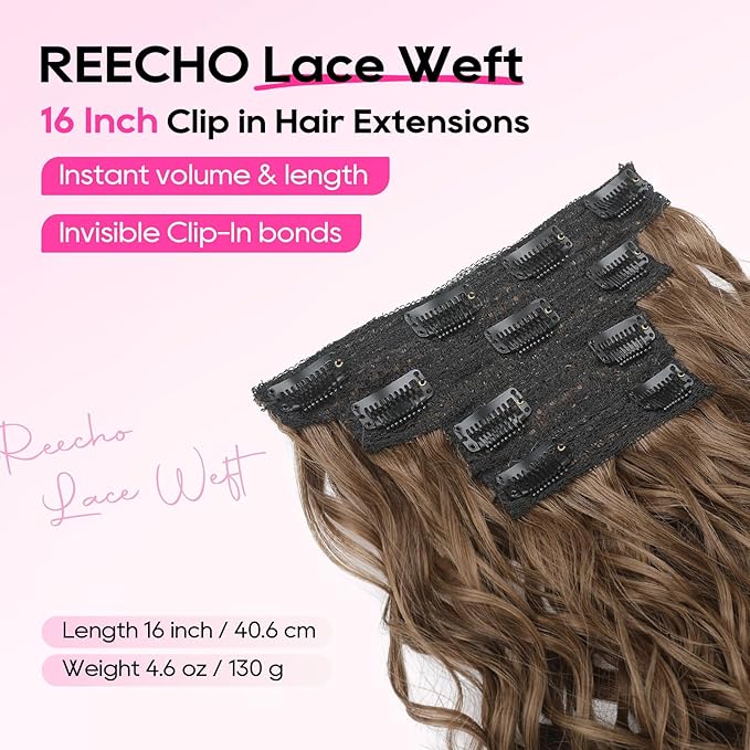 REECHO Curly Hair Extensions, 4PCS 16 inch Clip in Hair Extensions Lace Weft Short Curly Hair Extensions Clip Ins Invisible Natural Hairpieces for Women, Light Brown