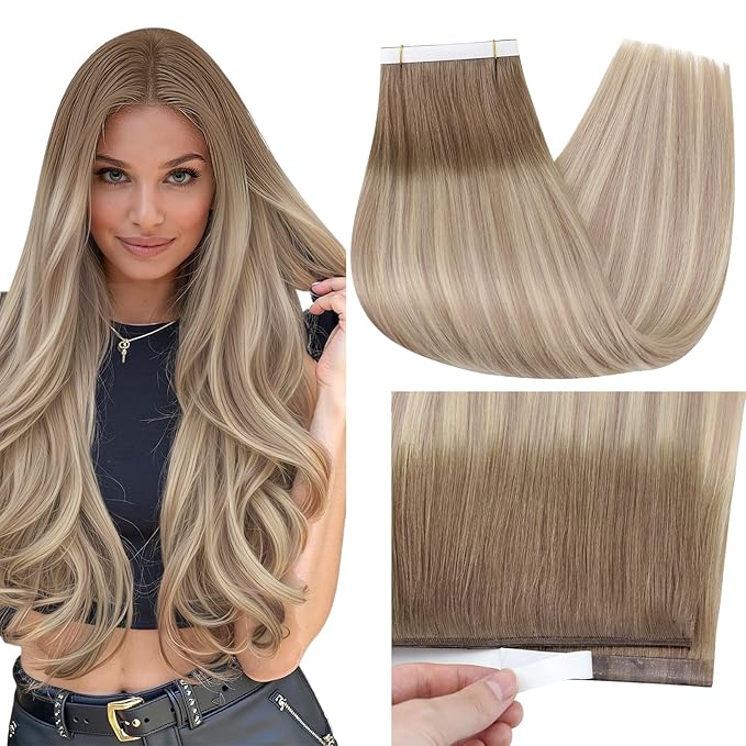 Full Shine Tape in Hair Extensions 18Inch Wire Adjustable Size Color 8 Ash Brown Ombre 60 Blonde And 18 Dark Ash Blonde Balayage Tape in Weft Hair Extensions Human Hair 50G One Piece Easy Application