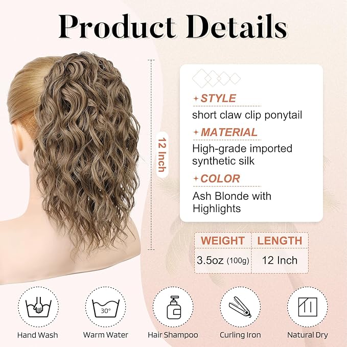 Flufymooz Ponytail Extension, 12" Short Claw Ponytail Extension Wavy Curly Jaw Clip in Pony Tail Hairpiece Natural Synthetic Hairpiece for Women (Brown Ash Blonde)