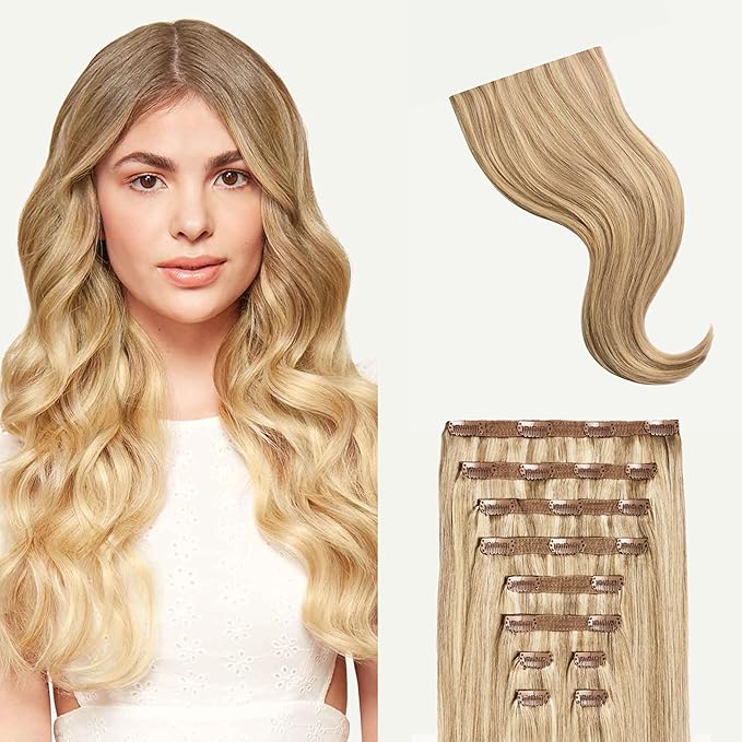 Luxy 100% Remy Human Hair, Classic 160g Clip-In Hair Extensions - 10 Wefts Multi-Dimensional Color for Natural Blending, Adds Volume & Length, Easy Apply & Remove 16" Dirty Blonde Highlights
