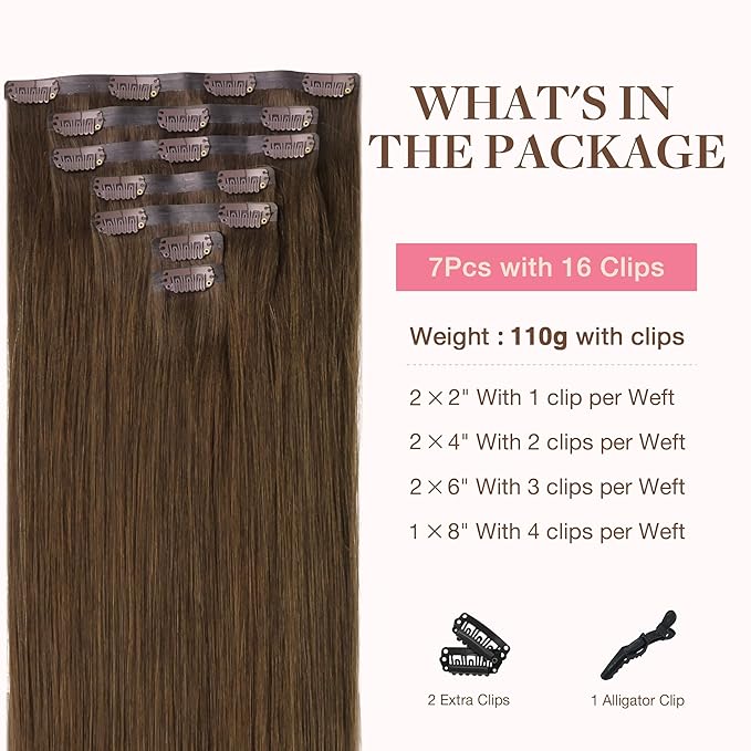 GOO GOO Clip in Hair Extensions Real Human Hair, Remy Human Hair Extensions Clip ins for Women, Natural Human Hair, 22inch 110g 7Pcs, 4A Chocolate Brown