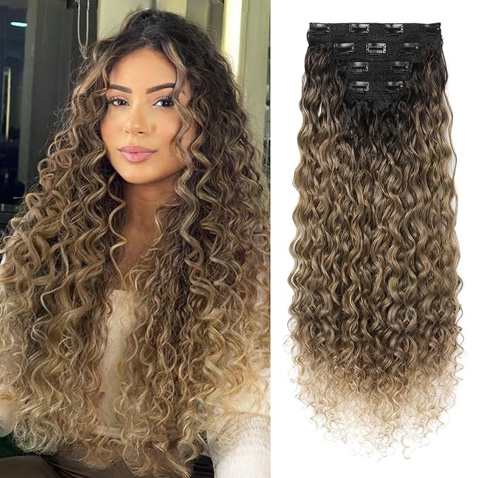 LONAI 4PC Clip in Hair Extensions, 100％ Pure Protein Silk Curly Hair Extension for Women, 26 Inch Long Soft Natural Hair Extensions-Dark Brown to Medium Brown Light Roots