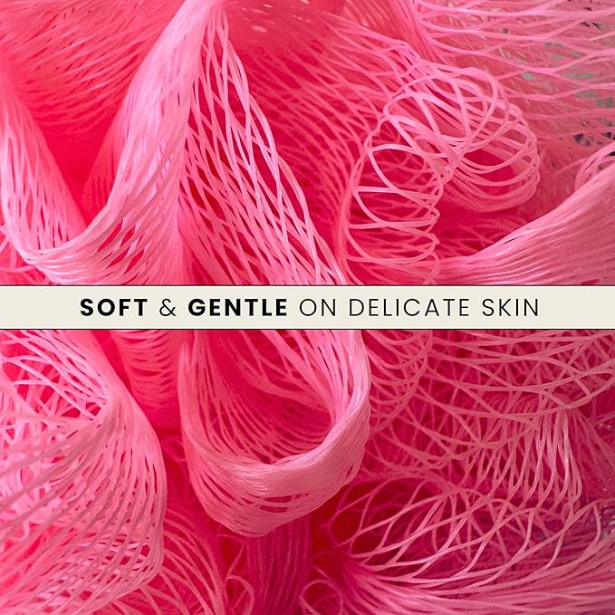Cute Bath Sponge - Mesh Body Pouf, Gentle Shower Sponges, Tropical Pink, Pack of 3, 9 inches