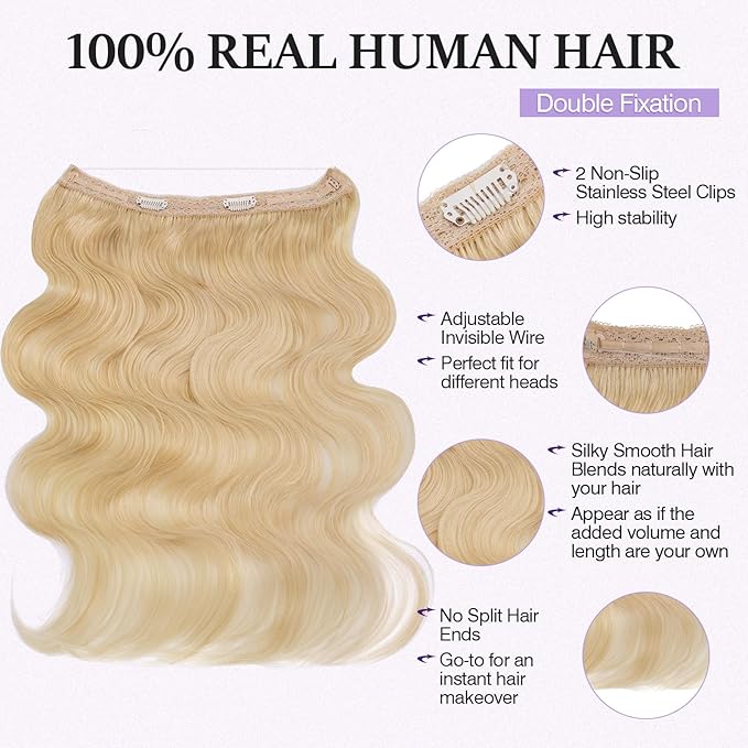 Halo Hair Extensions Real Human Hair,Halo Hair Extension 100% Human Hair,Wire Hair Extensions,Wavy 613 Bleach Blonde 20inch/70g