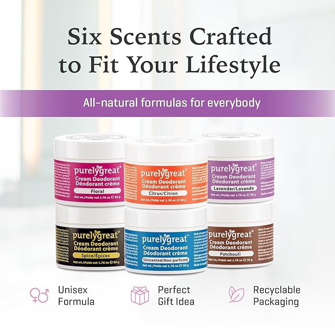 Purelygreat - Lavender Scented Cream Deodorant, Chemical-Free Hygiene Essentials for Women, Natural Deodorant for Men with Soda & Corn Starch, No Sticky Residue, Parabens & BPA, 1.76 oz / 50 g