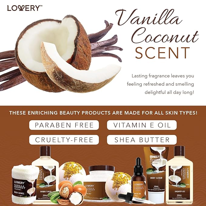 Gifts For Women Gift Basket for Women– 9 Piece Set of Vanilla Coconut Home Spa Set, Luxurious Valentines Day Gifts for Her, Bath and Body Sets Includes Fragrant Lotions, Large Bath Bombs, Coconut Oil
