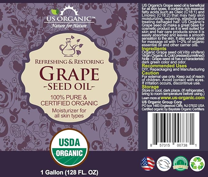 US Organic Grape Seed Oil, USDA Certified Organic, 100% Pure & Natural, Cold Pressed Virgin, Unrefined, Size for DIY and small manufacturers (128 oz (1 Gallon))