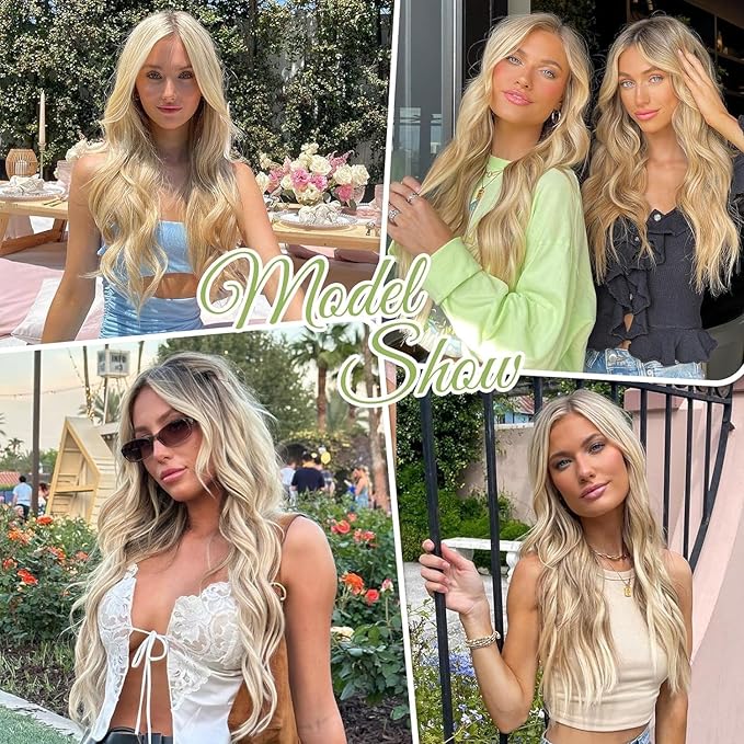 KooKaStyle Invisible Wire Hair Extensions with Transparent Headband Adjustable Size 4 Secure Clips Long Wavy Secret Wire Hairpiece for Women(24Inch Light Brown mix Golden Blonde)