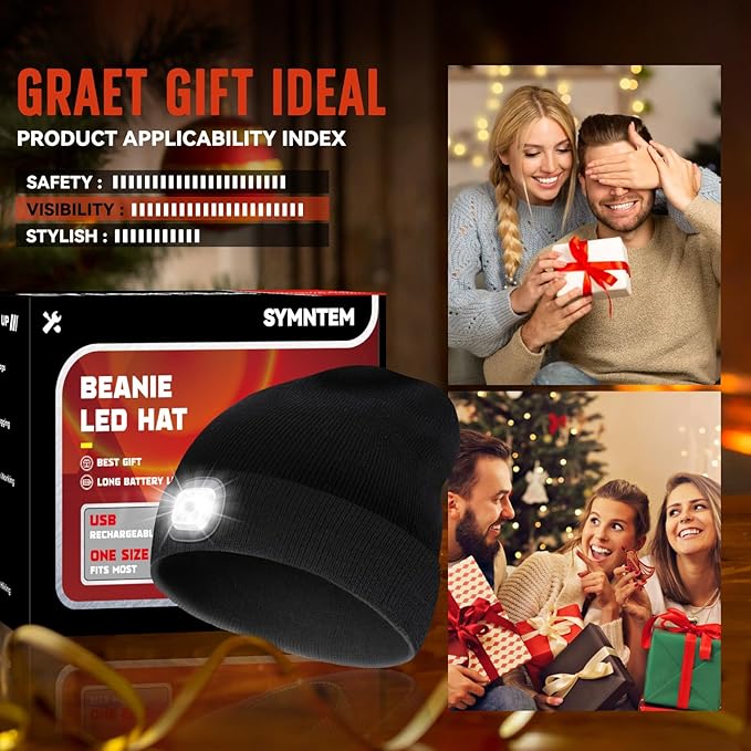 Unisex Beanie Hat with Light, Rechargeable Headlight Cap, Stocking Stuffers for Men, Cool Gadget Gifts for Him, Birthday Gifts for Women, Black