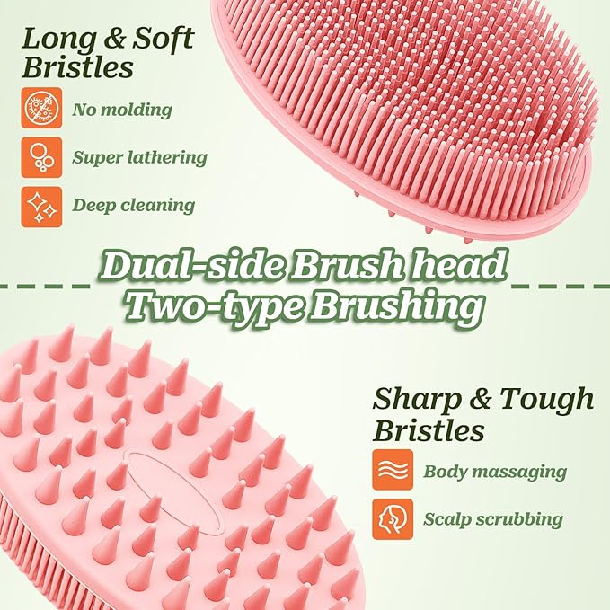 Soft Silicone Body Scrubber 2PCS, Dual-Side Silicone Loofah for Shower, Gentle Loofa Alternative, Replaceable Brush Head to be Used Alone or with Long Handle (Pinkx2)