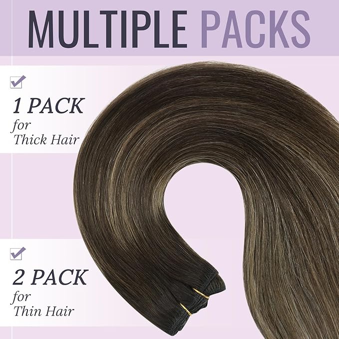 Fshine Weft Hair Extensions Human Hair 20 Inch Balayage Dark Brown to Light Brown Mixed Dark Brown Hand Tied Weft Hair Extensions Full Head Straight Real Hair Bundle Sew in hair Extensions 100g