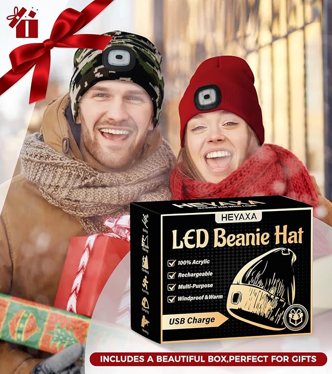 Unisex LED Beanie with Light, Rechargeable Headlamp Hat, Fathers Day Dad Gifts for Men, Warm Knitted Cap Birthday Gifts for Dad Adults Teens Men Women Him