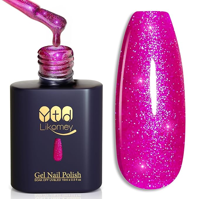 YTD Likomey Hot Pink Glitter Gel Nail Polish,15ml Shimmer Shiny Sparkly Salon Home DIY Manicure Fall Winter UV Color Varnish,SF406
