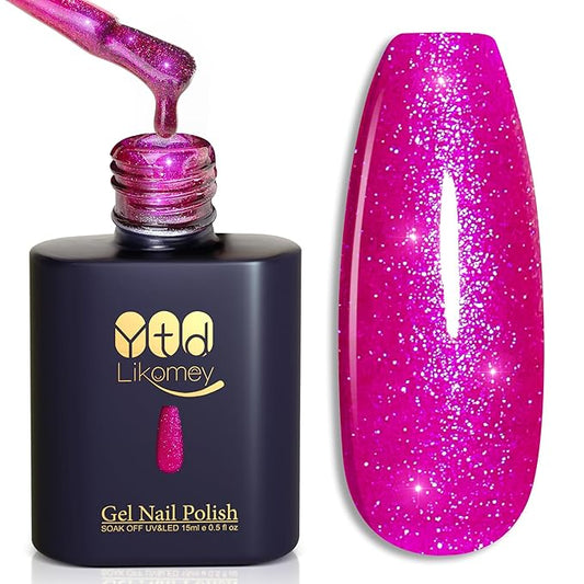YTD Likomey Hot Pink Glitter Gel Nail Polish,15ml Shimmer Shiny Sparkly Salon Home DIY Manicure Fall Winter UV Color Varnish,SF406