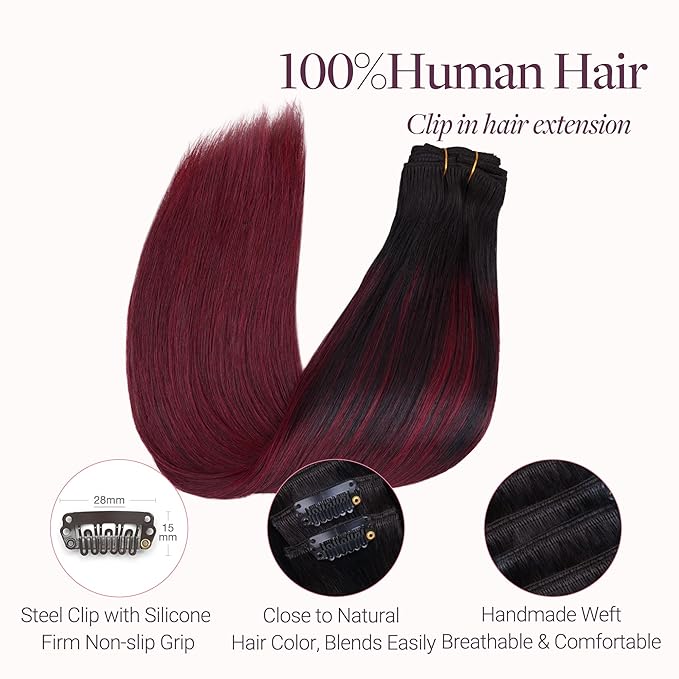 GOO GOO Clip in Hair Extensions Real Human Hair, Remy Human Hair Extensions Clip ins for Women, Natural Human Hair, 14inch 120g 7 Pcs, #1/99j Balayage Jet Black to Red