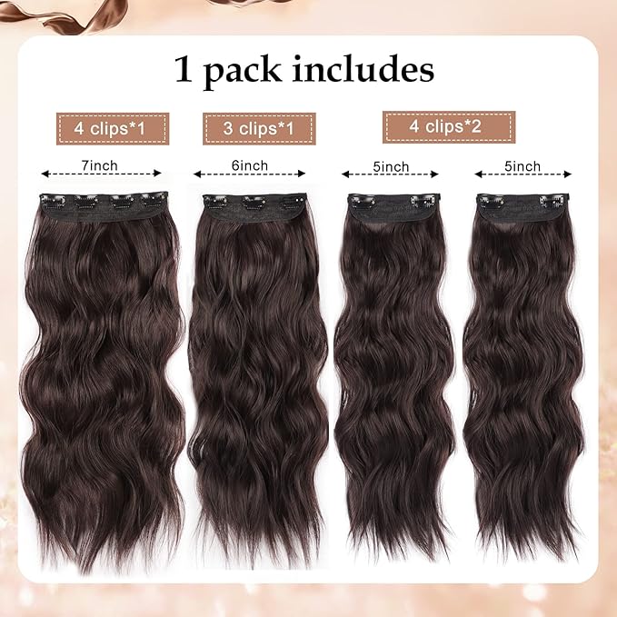 Clip in Hair Extensions Long Wavy Synthetic Hair 20 Inch Dark Brown Hair Extension Clip ins 4 Pcs Thick Hairpieces for Women Double Weft Natural Hair Extensions (20INCH, 6A)